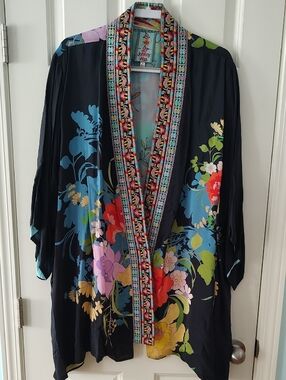 Johnny Was Black Floral Silk Kimono Tunic with Multicolor Embroidered Trim